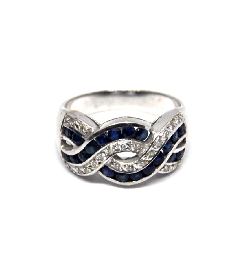Sortija oro blanco entrelazado con diamantes y zafiros - Image 10
