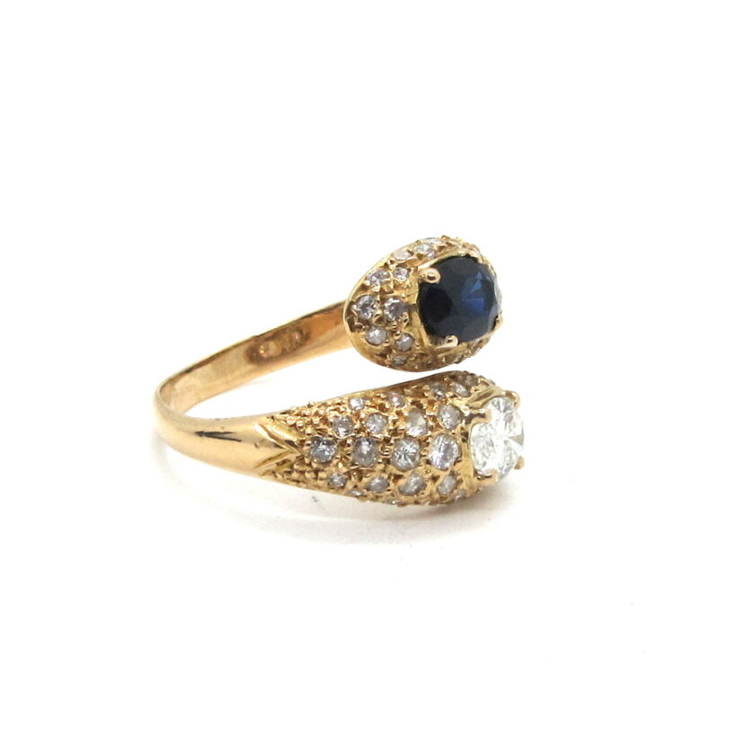 Sortija Tu y yo de oro amarillo con zafiros y diamantes - Image 2